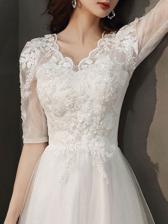 イブニングドレス Aライン Vネック マキシレングス 半袖 ジッパー レース 社交パーティードレス