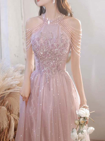 プロムドレス Aライン ホルターレース ノースリーブ ページェントドレス