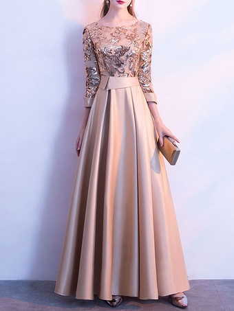 シャンパンイブニングドレス Aライン ジュエルネック ポリエステル フロアレングス フォーマルディナードレス