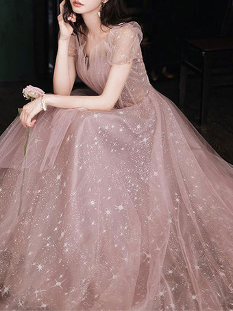 プロムドレス Aライン ストラップレス レース 半袖 パーティードレス