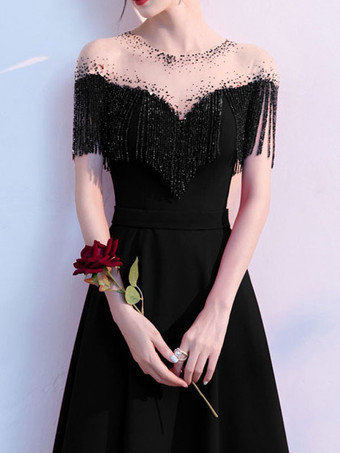 イブニングドレス マーメイド ジュエルネック マキシレングス 半袖 ジッパー フリンジ サテン生地 社交ページェントドレス