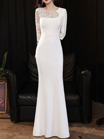 ホワイトイブニングドレス シース ジュエルネック マキシレングス 半袖 ジッパー サテン生地 社交ページェントドレス