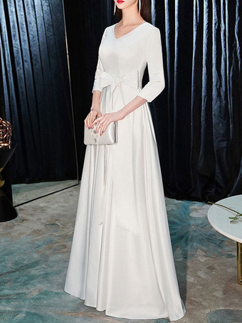 イブニングドレス Aライン Vネック マキシレングス 半袖 ジッパー リボン サテン生地 フォーマルパーティードレス