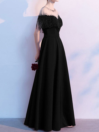 イブニングドレス マーメイド ジュエルネック マキシレングス 半袖 ジッパー フリンジ サテン生地 社交ページェントドレス