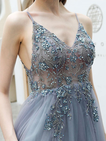 Vestido de fiesta Una línea con cuello en V Vestidos de fiesta sin mangas de tul