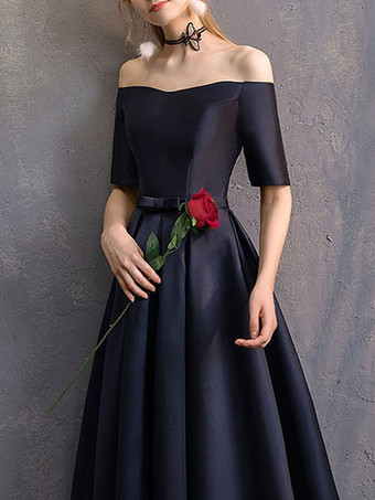 イブニングドレス Aライン バトーネック マキシレングス 半袖 レースアップ ポリエステル 社交パーティードレス