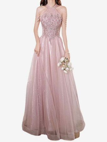 プロムドレス Aライン ホルターレース ノースリーブ ページェントドレス