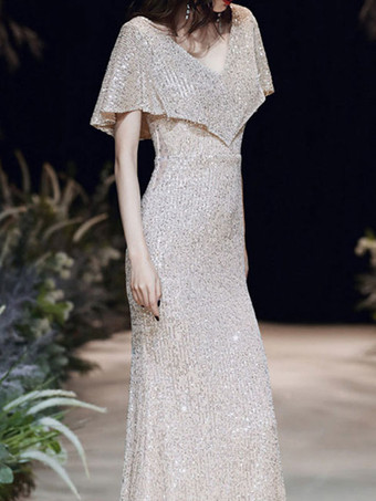 Evening Dress Sheath V-Neck Floor-Length Short Sleeves Zipper Sequined Formal Dinner Dresses
