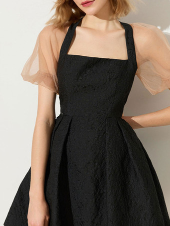 カクテルドレス付き 可憐ショートAライン スクエアネック ジャガード