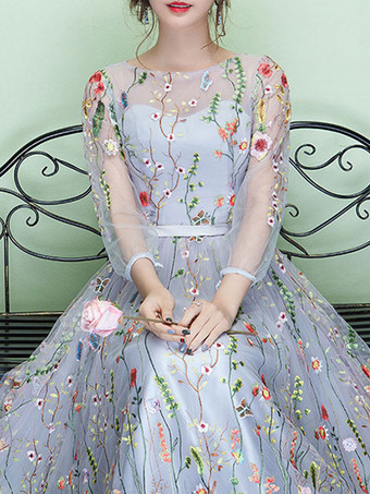 プロムドレス Aライン ジュエルネック レース ハーフスリーブ パーティードレス