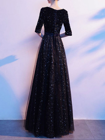 イブニングドレス Aライン ジュエルネック スパンコール マキシレングス 社交パーティードレス