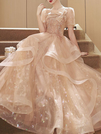 プロムドレス Aライン スクエアネック レース 半袖 パーティードレス