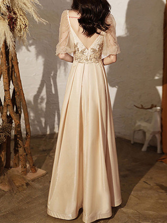 Vestido de fiesta Una línea con cuello en V Encaje Mangas cortas Vestidos de desfile