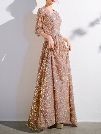 プロムドレス スパンコール Vネック Aライン ハーフスリーブ パーティードレス