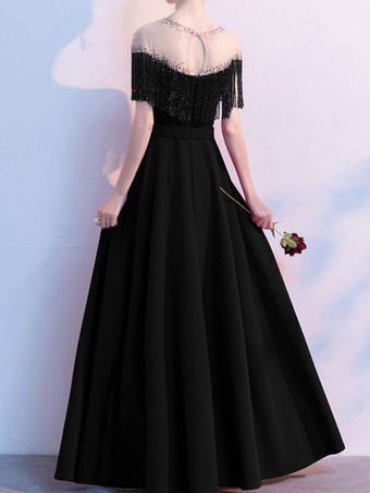 イブニングドレス マーメイド ジュエルネック マキシレングス 半袖 ジッパー フリンジ サテン生地 社交ページェントドレス