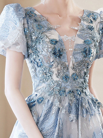 プロムドレス レース Vネック Aライン 半袖 パーティードレス