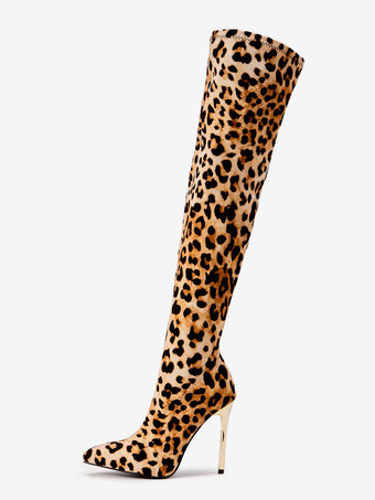 ニーブーツの上の女性スティレットヒールヒョウ柄マイクロスエード上腿ハイブーツ