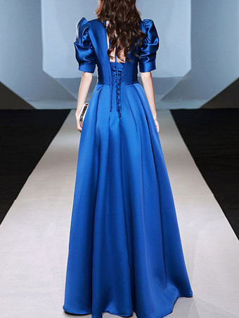 イブニングドレス Aライン Vネック マキシレングス 半袖 ジッパー サテン生地 フォーマルパーティードレス