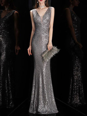 シルバーイブニングドレス マーメイド Vネック マキシレングス ノースリーブ ジッパー ポリエステル フォーマルディナードレス