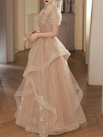 プロムドレス Aライン スクエアネック レース 半袖 パーティードレス