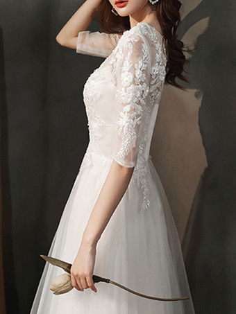 イブニングドレス Aライン Vネック マキシレングス 半袖 ジッパー レース 社交パーティードレス