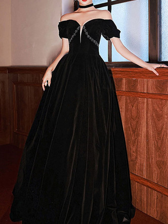 ブラックイブニングドレス Aライン バトーネック マキシレングス 半袖 レースアップ ベロア フォーマルディナードレス