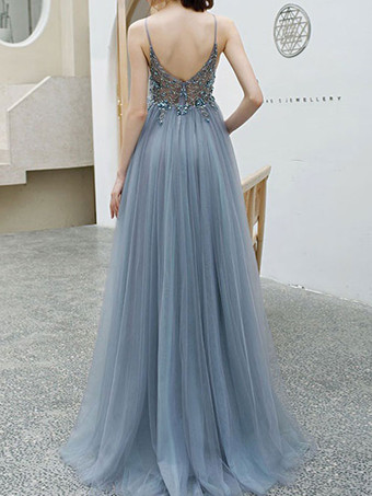 Vestido de fiesta Una línea con cuello en V Vestidos de fiesta sin mangas de tul