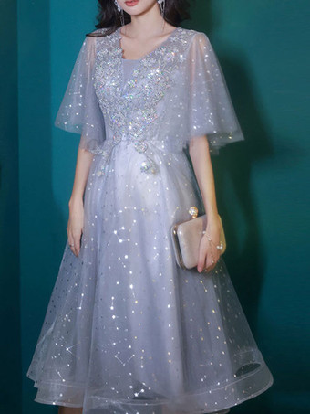 カクテルドレス きれいな茶丈 Aライン Vネック レース付き