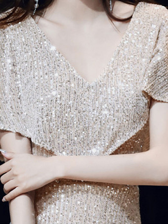 Evening Dress Sheath V-Neck Floor-Length Short Sleeves Zipper Sequined Formal Dinner Dresses