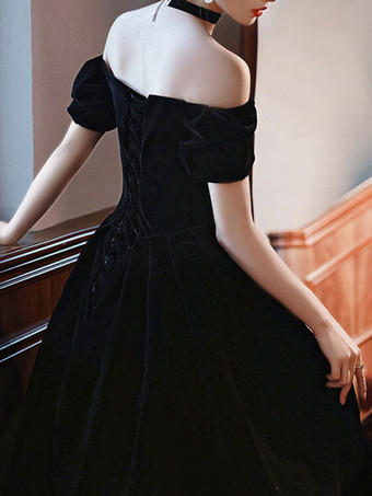 イブニングドレス Aライン バトーネック マキシレングス 半袖 レースアップ ベロア フォーマルディナードレス