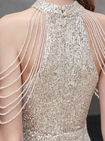 イブニングドレス マーメイド ジュエルネック マキシレングス ノースリーブ ジッパー スパンコール付き フォーマルパーティードレス