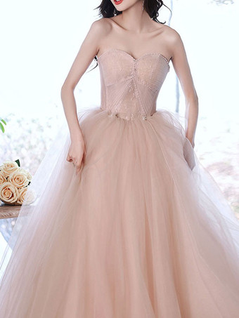 プロムドレス チュール ストラップレス Aライン 半袖 結婚式のゲストドレス