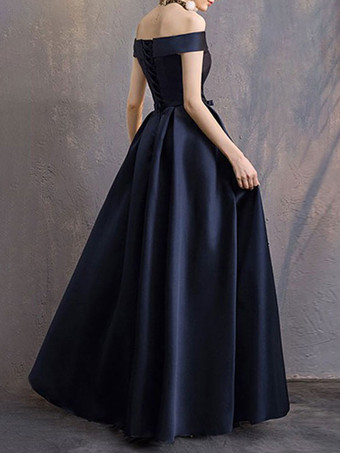 イブニングドレス Aライン バトーネック マキシレングス 半袖 レースアップ ポリエステル フォーマルパーティードレス