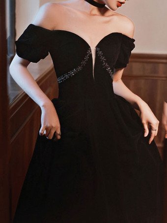 イブニングドレス Aライン バトーネック マキシレングス 半袖 レースアップ ベロア フォーマルディナードレス