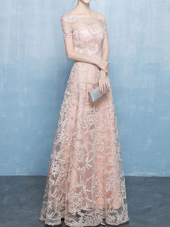 イブニングドレス Aライン バトーネック レース マキシレングス フォーマルパーティードレス