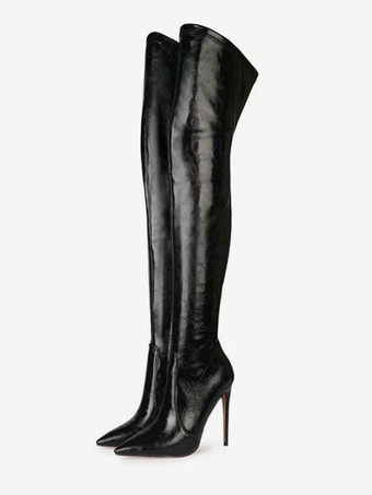 Womens thigh high Boots Black Pointed Toe Stiletto Heeled Boots