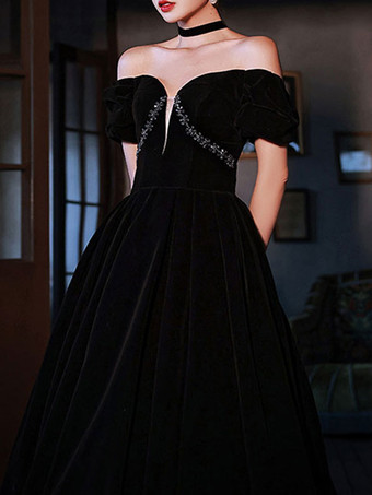 イブニングドレス Aライン バトーネック マキシレングス 半袖 レースアップ ベロア フォーマルディナードレス