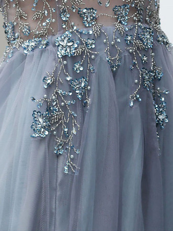 Vestido de fiesta Una línea con cuello en V Vestidos de fiesta sin mangas de tul