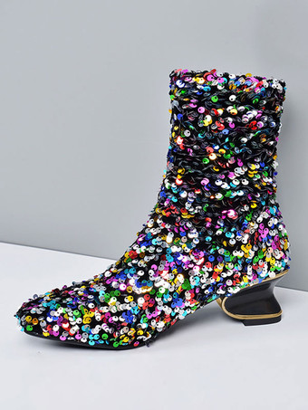 女性のアンクルブーツ黒スパンコール布正方形つま先特殊形ヒールブーツ