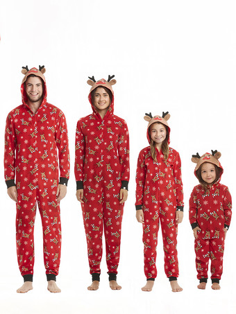 親子ペア クリスマス パジャマ クリスマス柄 家族お揃い レッド ポリエステル 着ぐるみ パジャマ 大人用 寝巻き