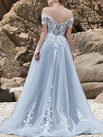 ベビーブルー黒忠実なウェディングドレス サテン生地 A ライン半袖 ナチュラル ウエスト アップリケ トレーン ブライダル ドレス