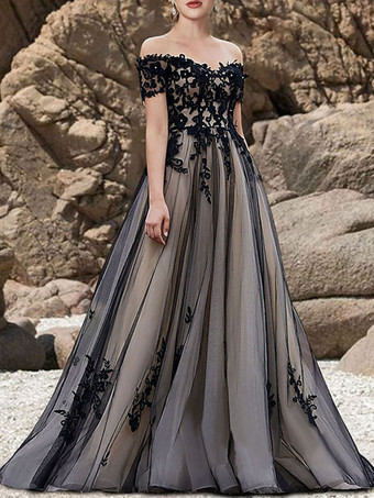 ブラック黒忠実なウェディングドレス サテン生地 A ライン半袖 ナチュラル ウエスト アップリケ トレーン ブライダル ドレス