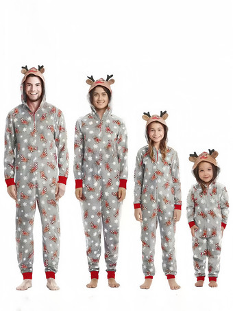 グレイ親子ペア クリスマス パジャマ クリスマス柄 家族お揃い レッド ポリエステル 着ぐるみ パジャマ 大人用 寝巻き