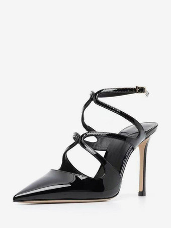 ブラック ブラック ハイヒール ポインテッド トゥ スティレット ヒール ストラップ ドレス パンプス