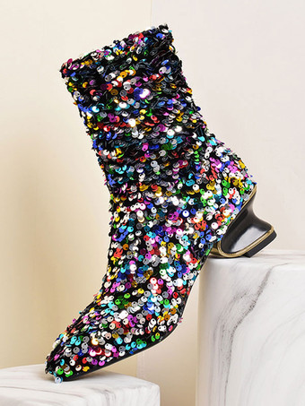 女性のアンクルブーツ黒スパンコール布正方形つま先特殊形ヒールブーツ