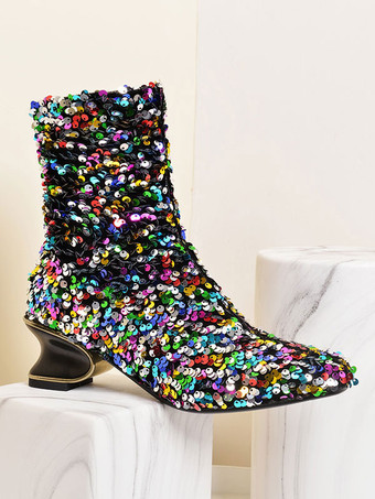 女性のアンクルブーツ黒スパンコール布正方形つま先特殊形ヒールブーツ