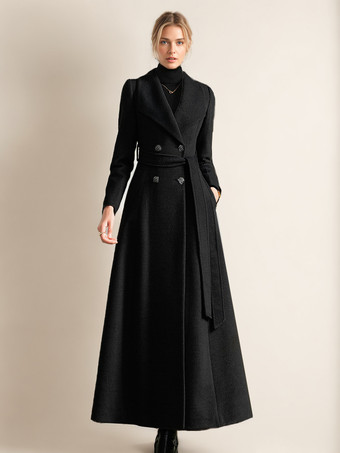 noir Manteau long en laine mélangée pour femme grand revers vintage croisé ligne A pleine longueur vêtements d'extérieur d'hiver 2025