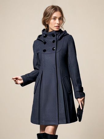 gris oscuro Chaqueta con capucha para mujer cuello alto cruzado corte A midi ropa de abrigo 2025