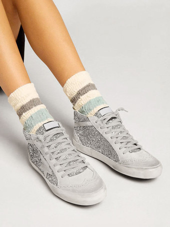 Baskets Femmes À Bout Rond Argenté Chaussures À Lacet Étoile Décontractées Plates