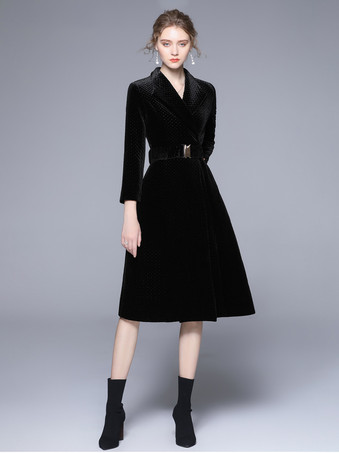 Women's Wrap Coat Turndown Collar Black Winter Outerwear
